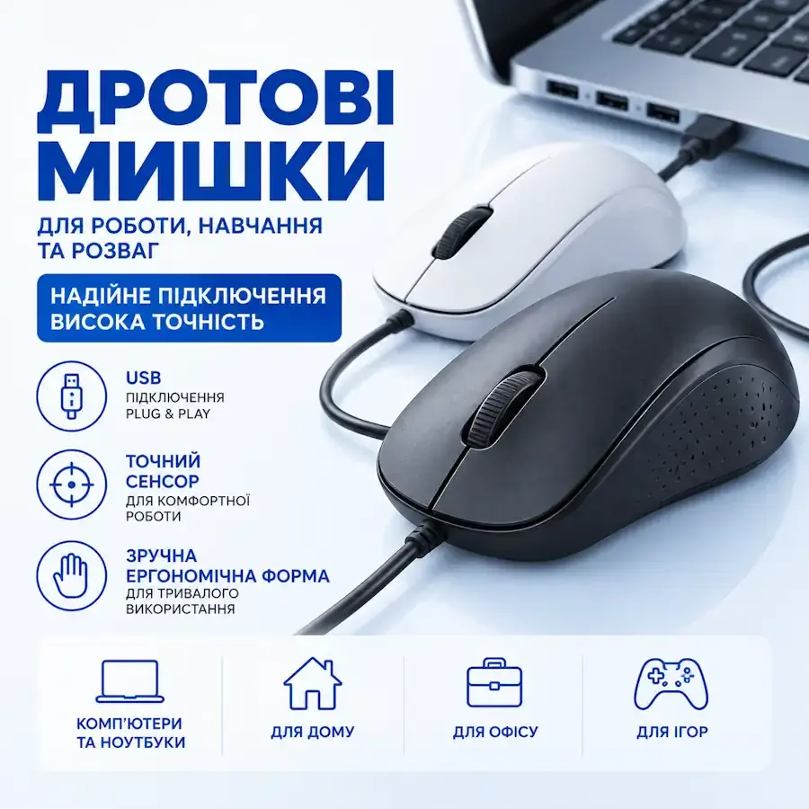 Дротова мишка з ергономічним дизайном, підключена до ноутбука на робочому столі