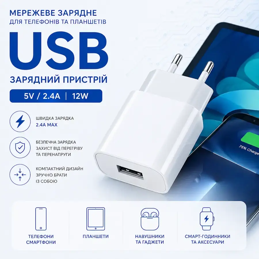 Мережевий зарядний пристрій 220 В з USB-C і USB-A для телефону та планшета