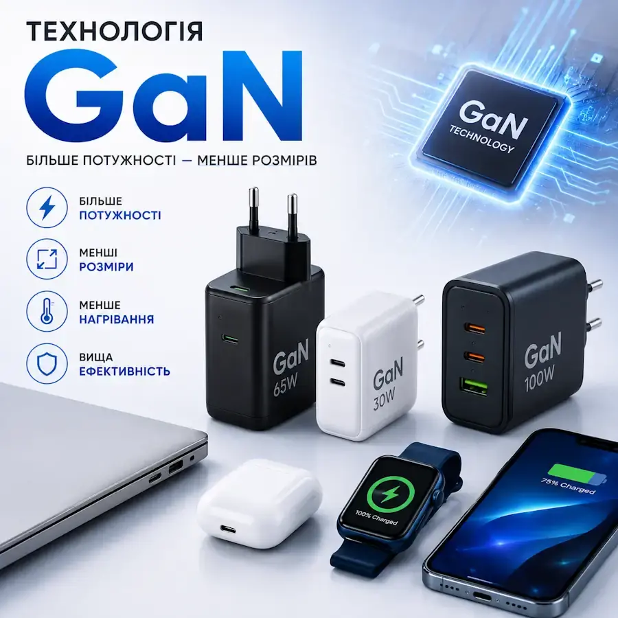 Зарядні пристрої та електронні гаджети з технологією GaN