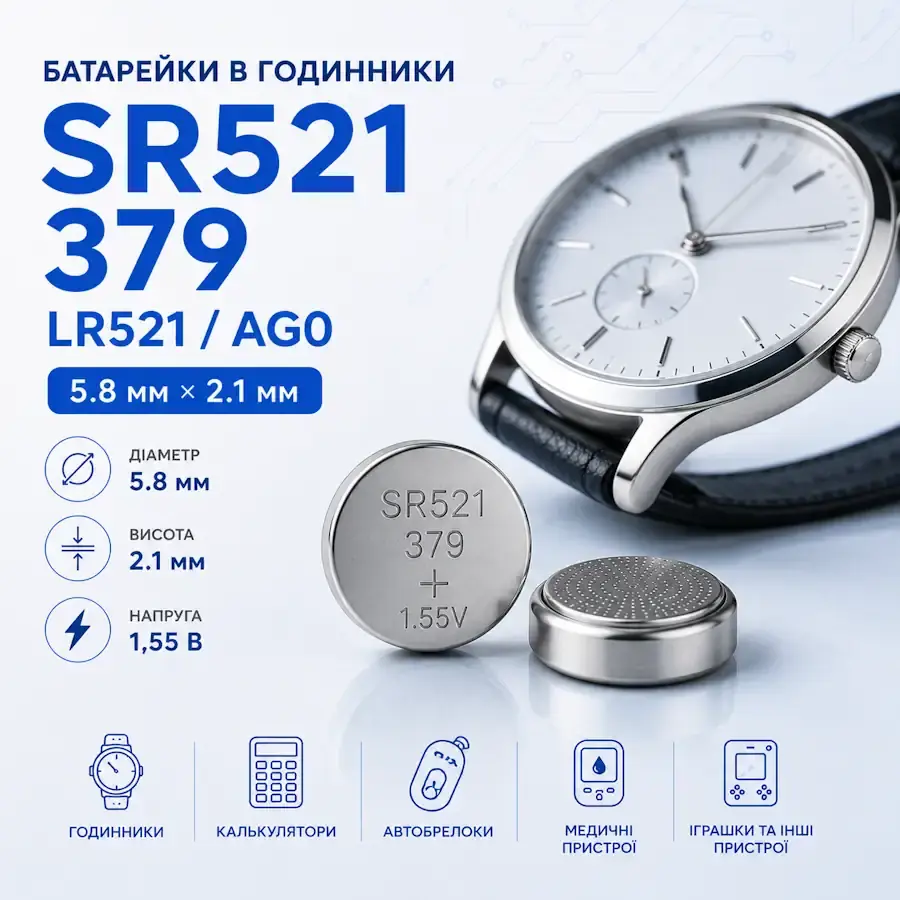 Батарейки SR521, 379, LR521 та AG0 типорозміру 5,8×2,1 мм