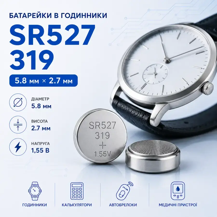 Батарейка SR527, 319 Silver Oxide типорозміру 5,8×2,7 мм