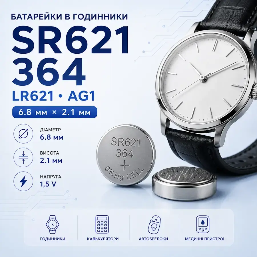 Батарейки SR621, 364, LR621 та AG1 типорозміру 6,8×2,1 мм