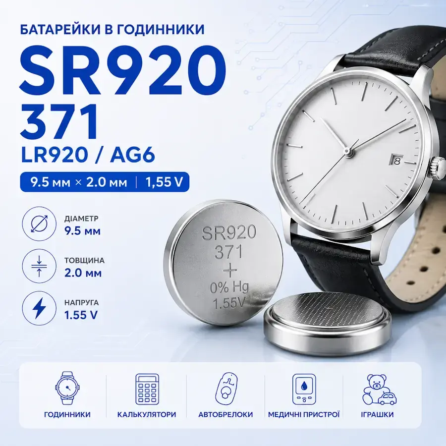 Батарейки SR920, 371, LR920 та AG6 типорозміру 9,5×2,0 мм