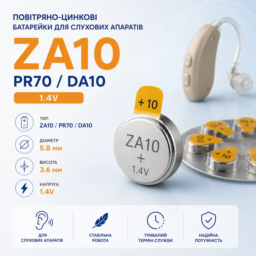 Повітряно-цинкові батарейки ZA10, PR70, DA10 для слухових апаратів