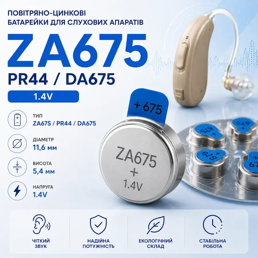 Повітряно-цинкові батарейки ZA675, PR44, DA675 розміром 11,6×5,4 мм для слухових апаратів