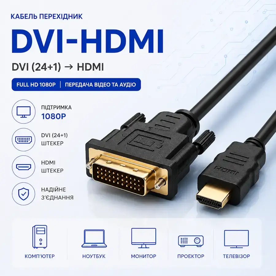 Кабель та перехідник DVI–HDMI для підключення монітора або телевізора