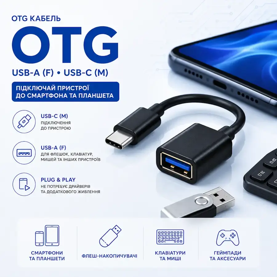 OTG кабель і USB-перехідник для підключення флешки до смартфона через USB On-The-Go