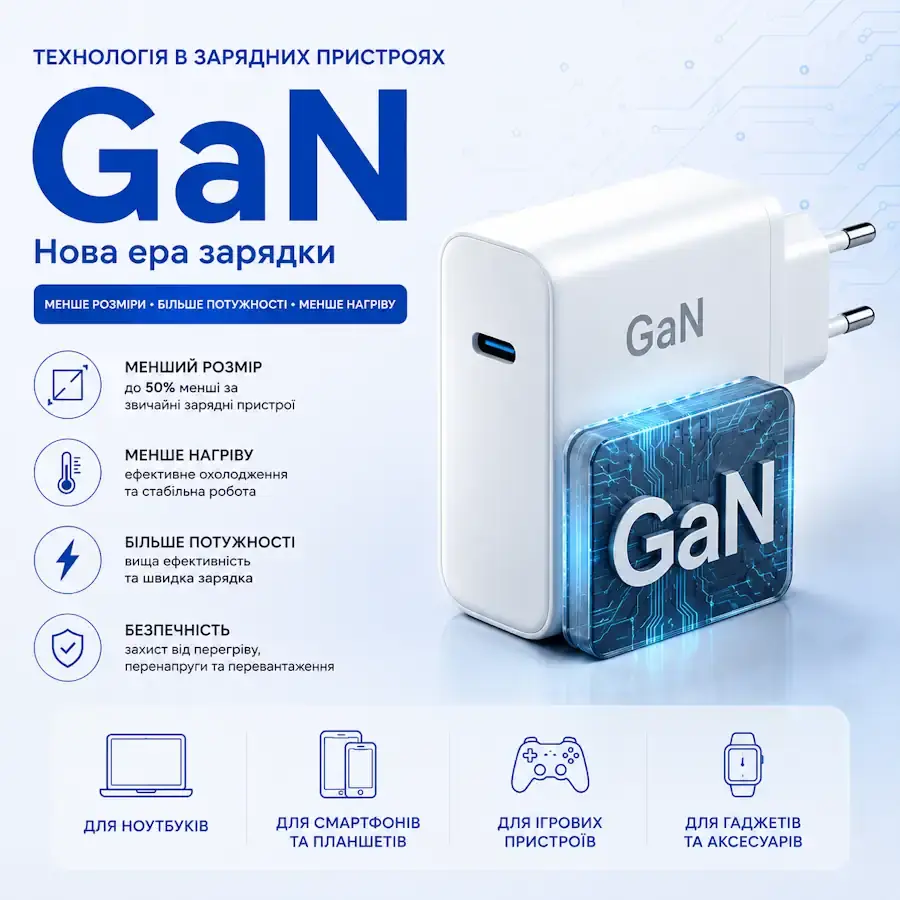 Компактний зарядний пристрій GaN (Gallium Nitride) з підтримкою швидкого заряджання
