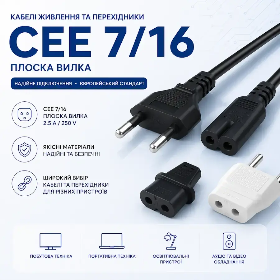 Кабель живлення та перехідник з плоскою вилкою CEE 7/16 (Europlug)