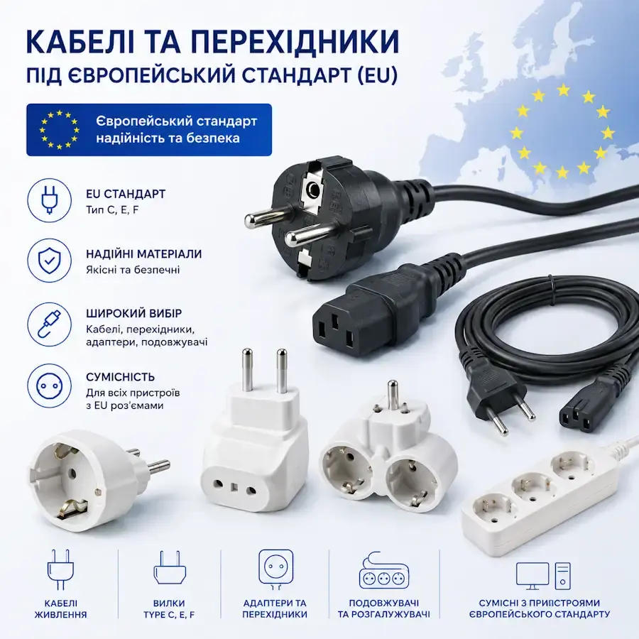 Кабель та перехідник із вилкою Європейського стандарту (EU)