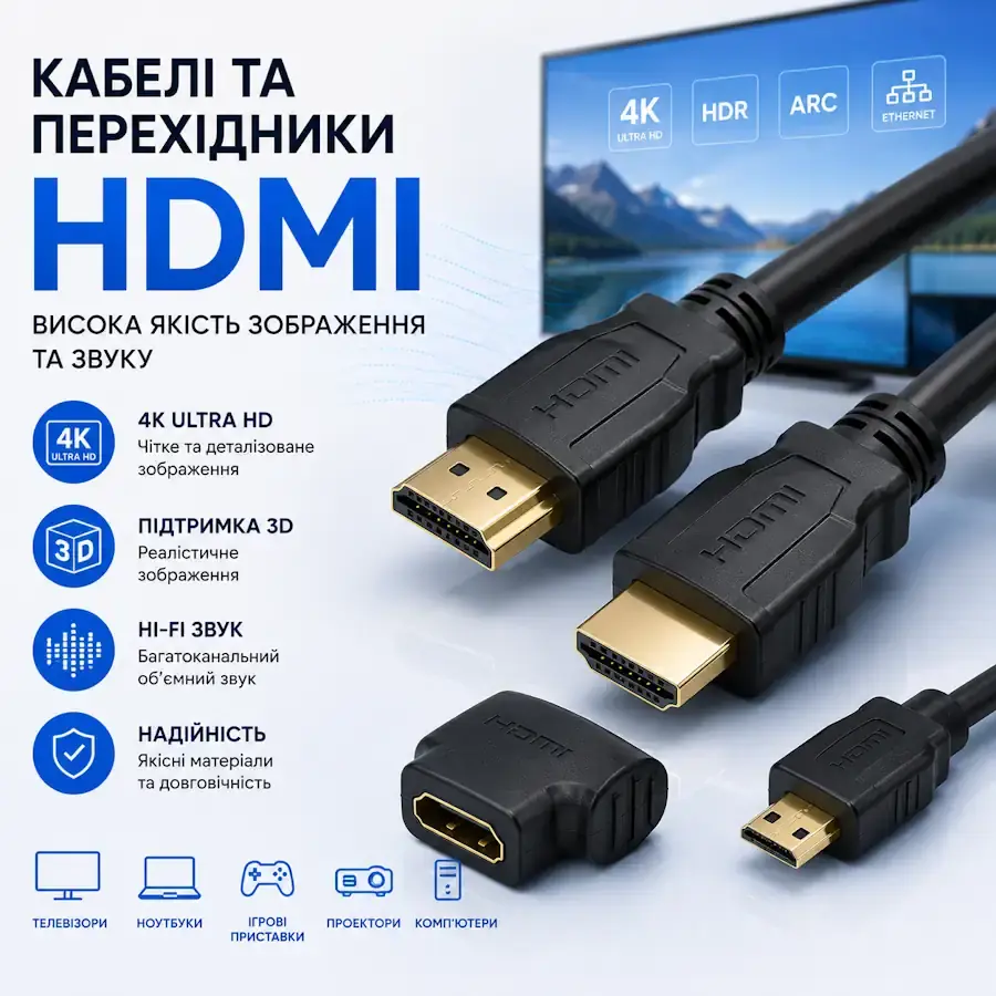 Кабелі, перехідники, хаби та HDMI аксесуари для підключення мультимедійних пристроїв