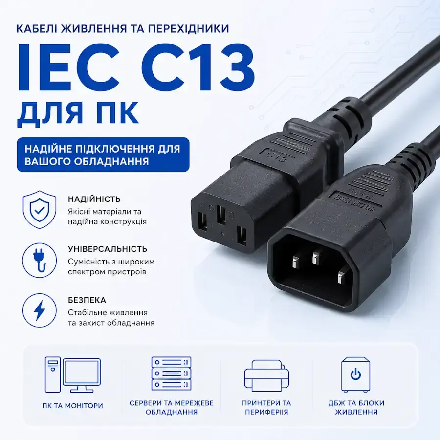 Кабель живлення та перехідник з роз'ємом IEC C13 для комп'ютера
