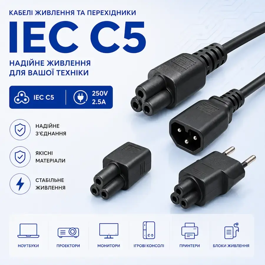 Кабель живлення з роз'ємом IEC C5 (Мікімаус) для блока живлення ноутбука