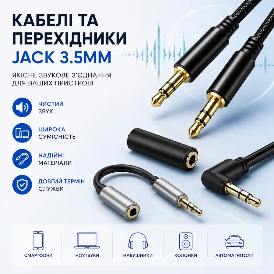 Кабелі, перехідники та аксесуари з аудіороз'ємом Jack 3.5 мм Mini Jack