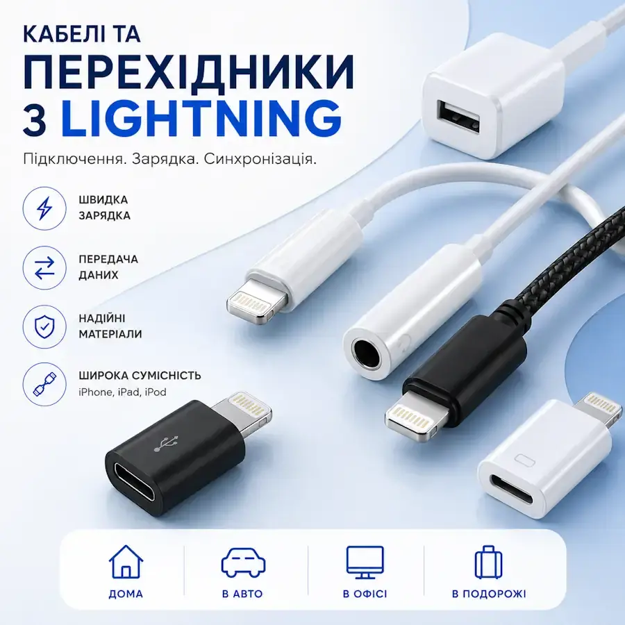Кабелі, перехідники та аксесуари з роз'ємом Lightning для iPhone та iPad