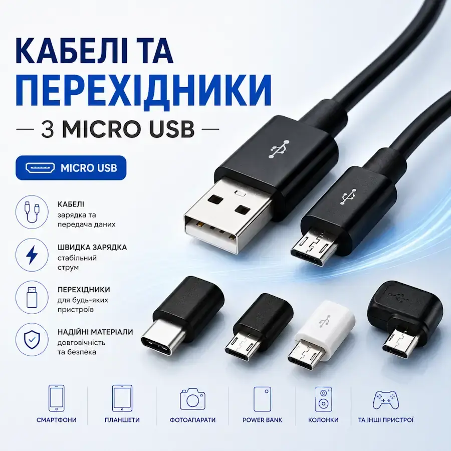 Кабель, перехідник та аксесуари з роз'ємом Micro USB
