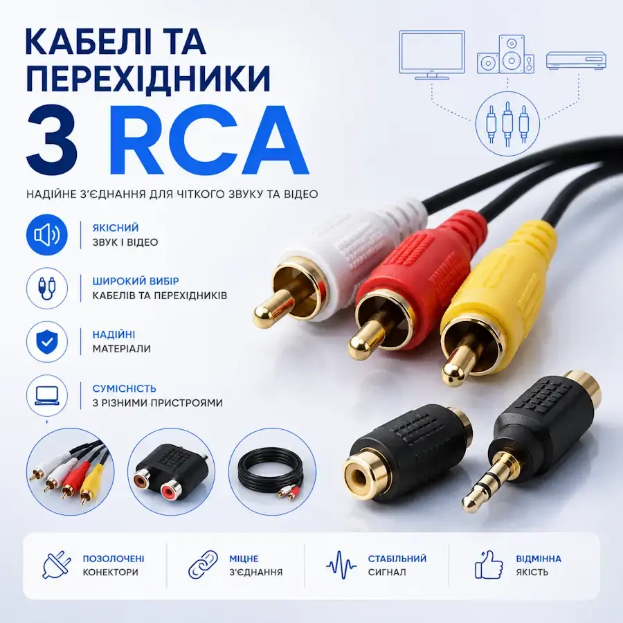 Кабелі, перехідники та гаджети з аналоговим роз'ємом RCA (тюльпан)
