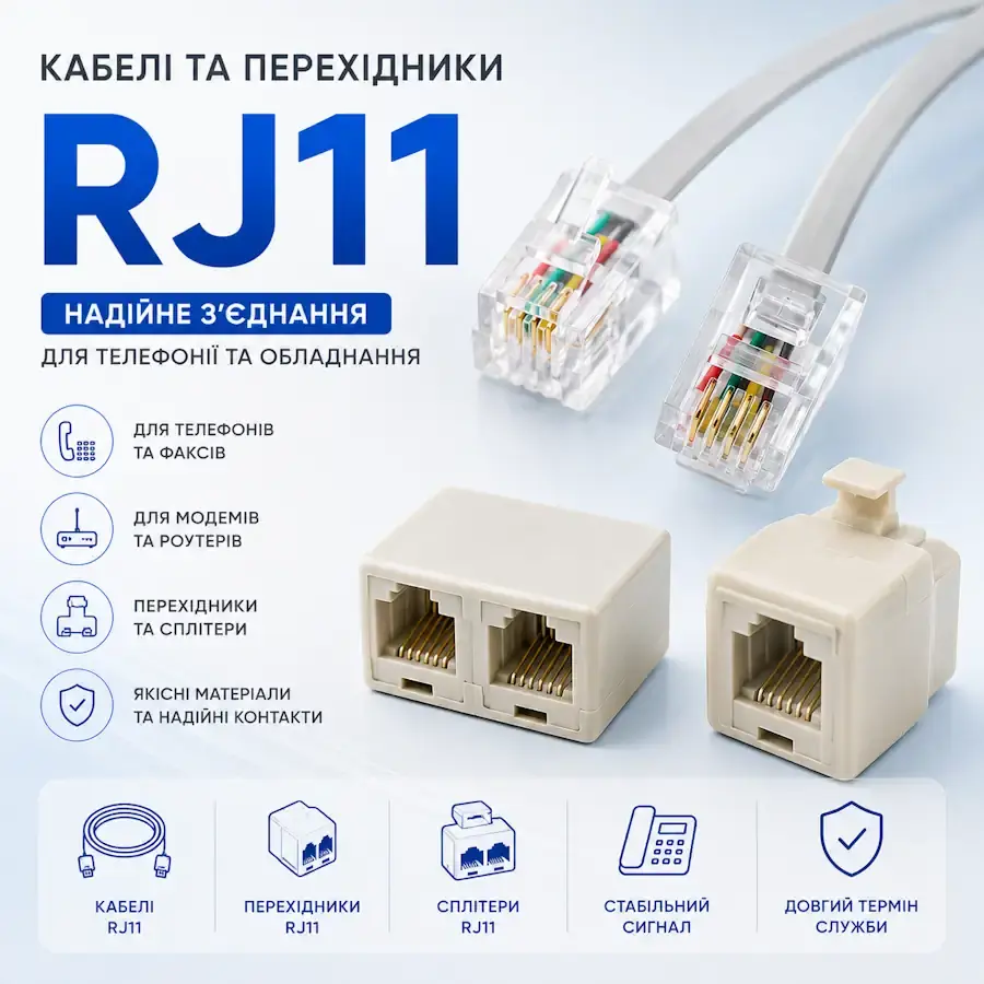 Кабель, перехідник та роз'єм RJ11 для телефонного обладнання