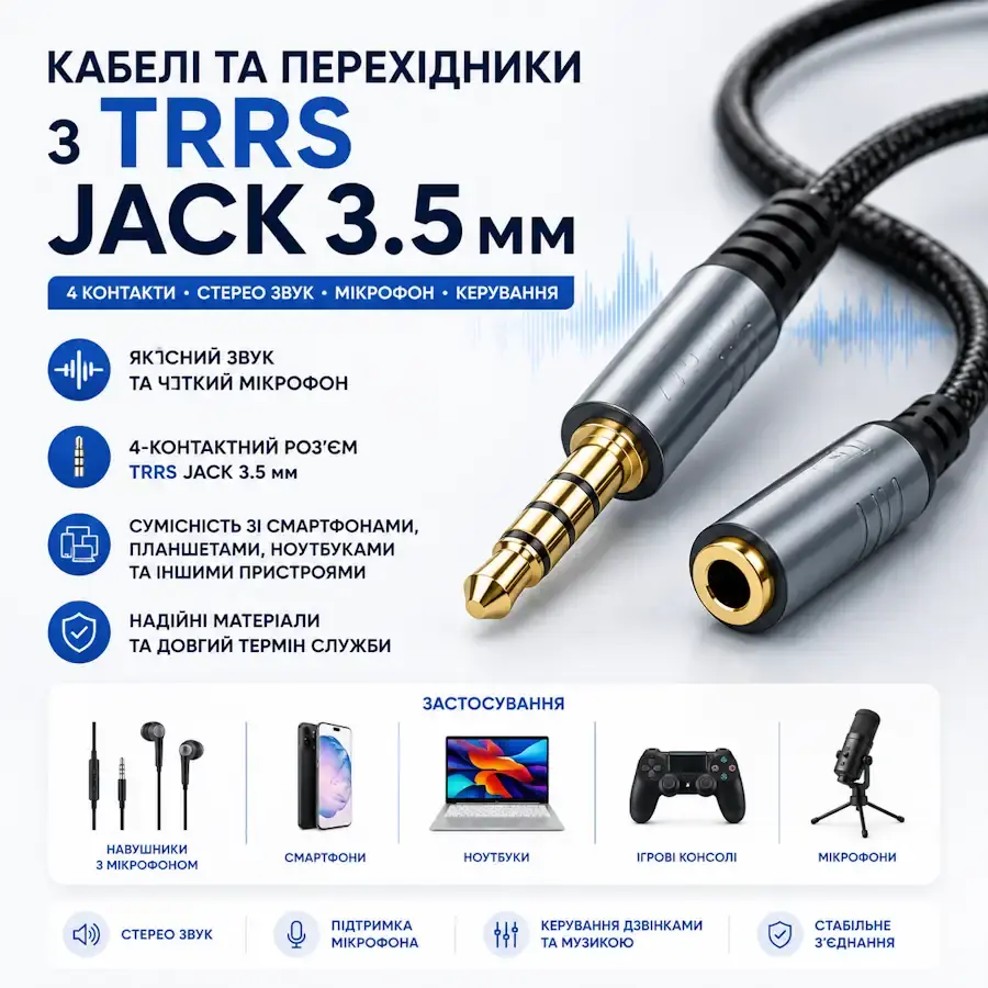 Кабелі, перехідники та гаджети з чотириконтактним роз'ємом TRRS Jack 3.5 мм