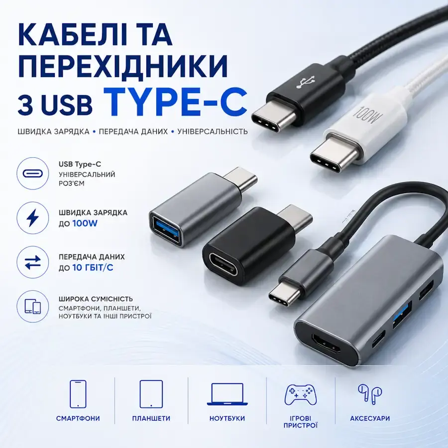 Кабелі, перехідники та аксесуари з універсальним роз'ємом USB Type-C