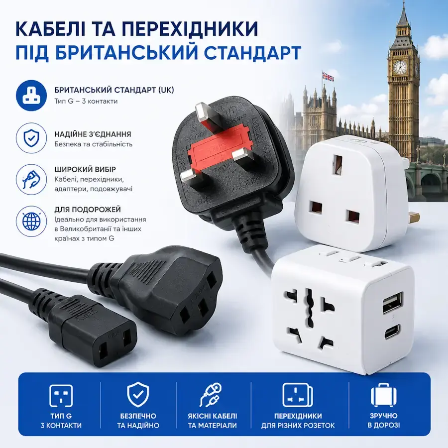 Кабель та перехідник з британською вилкою Type G (UK, BS 1363)