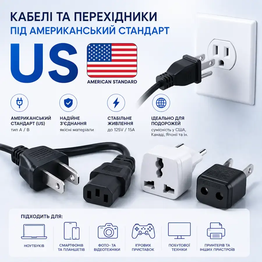 Кабель та перехідник з американською вилкою US Type A і Type B