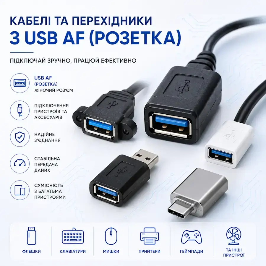 Роз'єм USB AF (USB Type-A Female) на кабелі, перехіднику або електронному пристрої