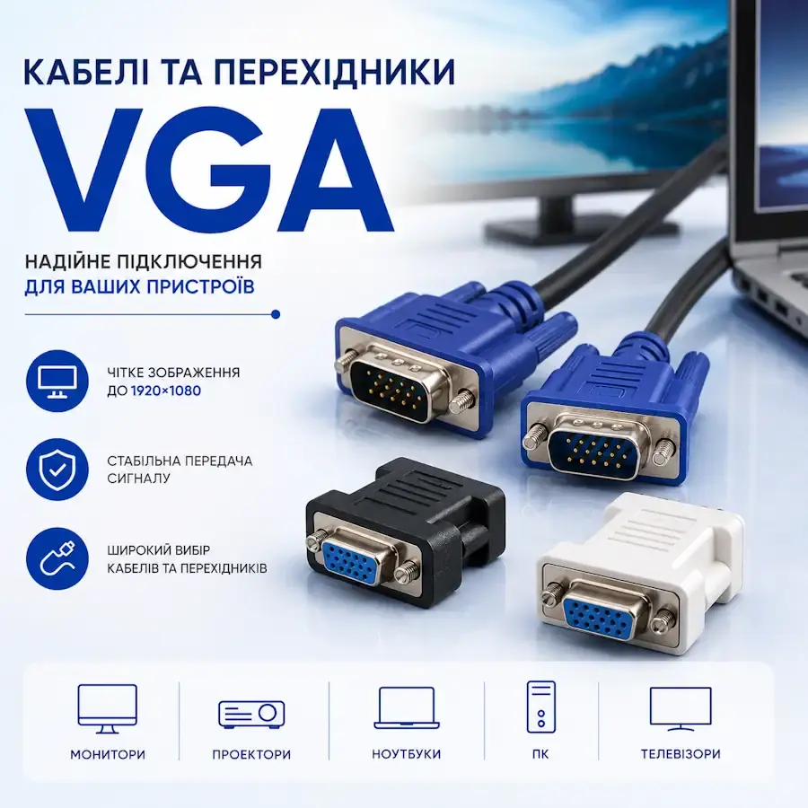 Кабель, перехідник та адаптер з відеороз'ємом VGA D-Sub 15