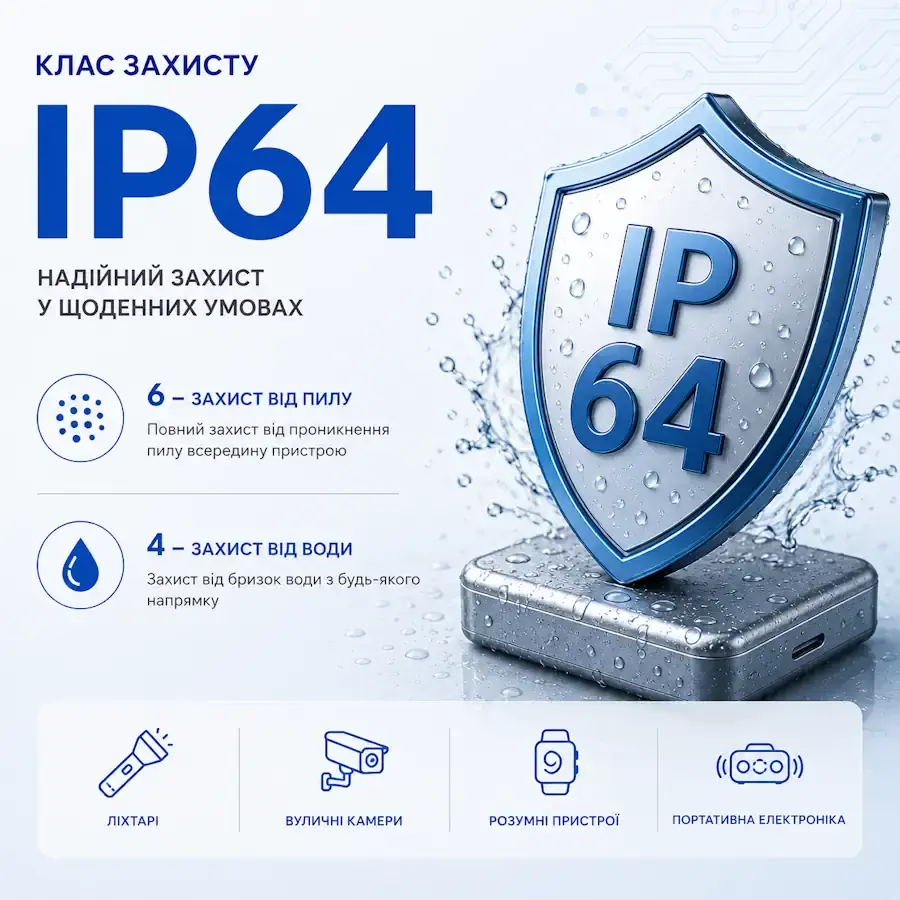 Маркування класу захисту IP64 із захистом від пилу та бризок води