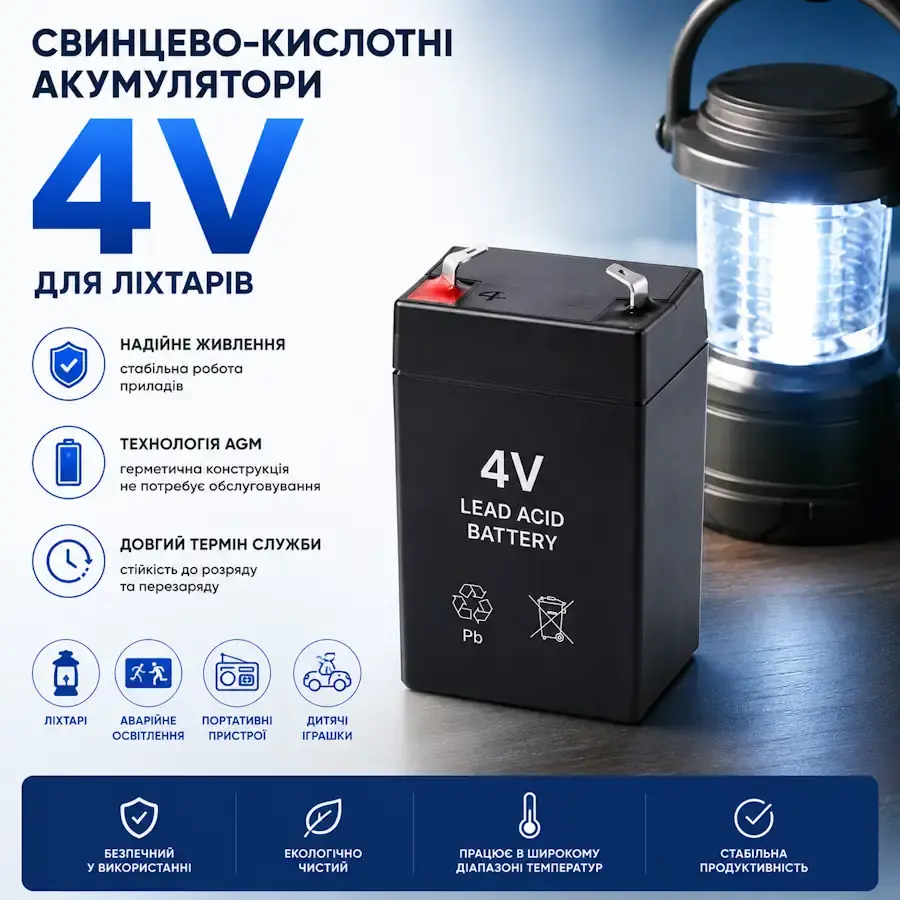 Свинцево-кислотний акумулятор 4В для акумуляторного ліхтаря