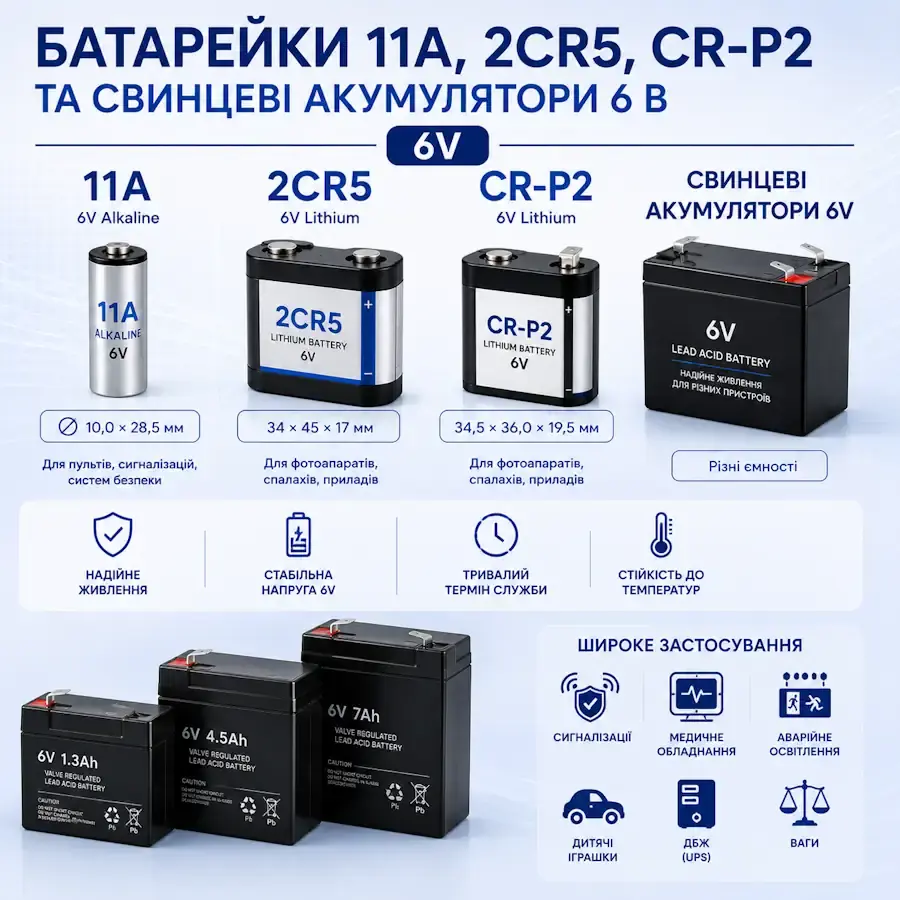 Батарейки 11A, 2CR5, CR-P2 та свинцеві акумулятори напругою 6 В