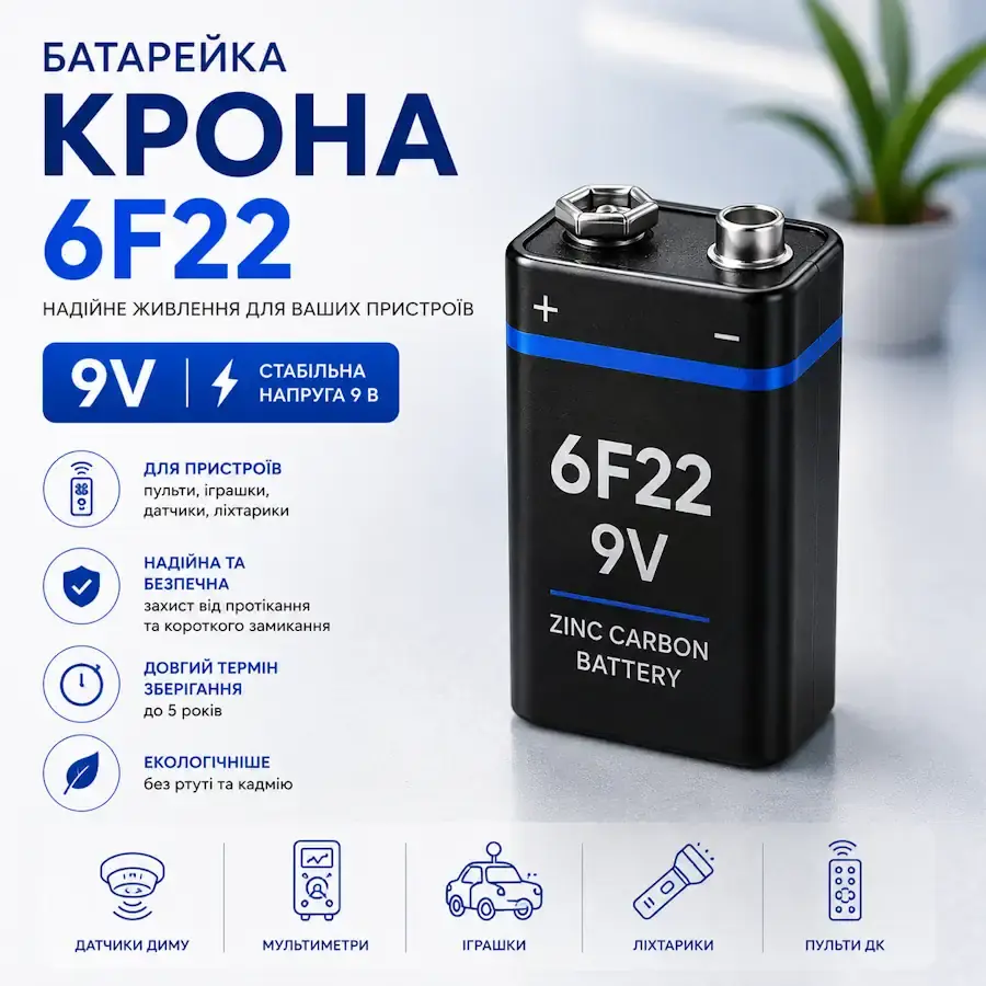 Батарейки 9 В (6F22, 6LR61, 6LF22, Крона)