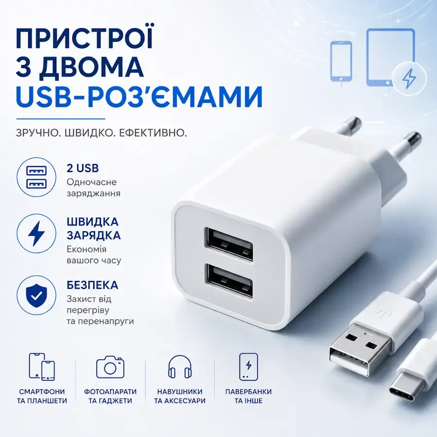 Зарядний пристрій з двома USB-роз'ємами