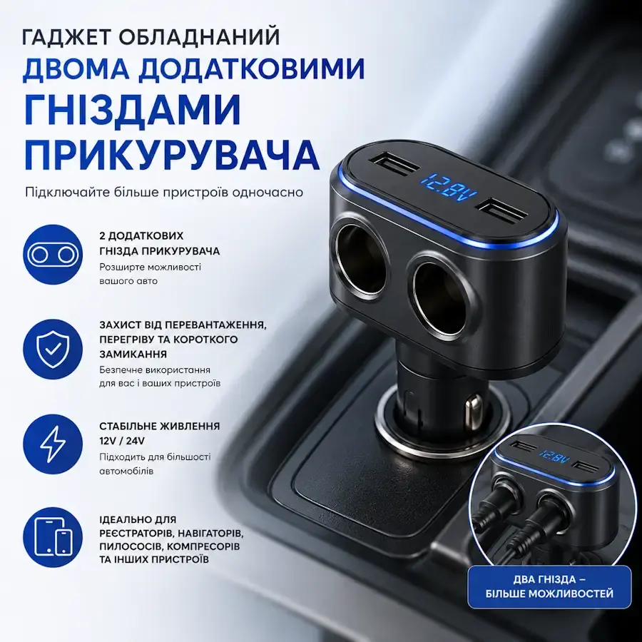 Автомобільний адаптер із двома додатковими гніздами прикурювача