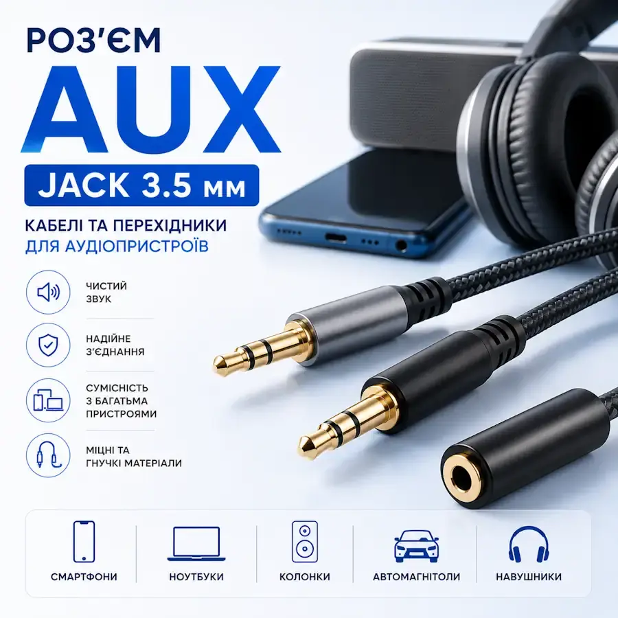 Кабелі та перехідники з аудіороз'ємом AUX Jack 3.5 мм