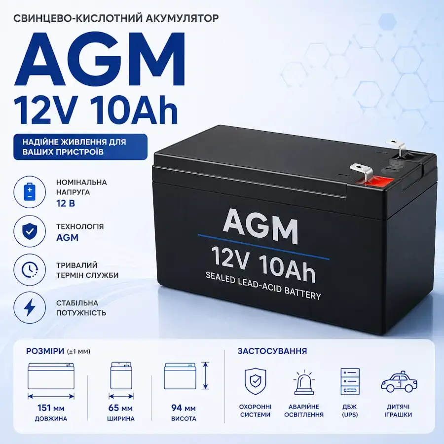 AGM свинцево-кислотний акумулятор 12 В 10 А·год розміром 151×65×94 мм