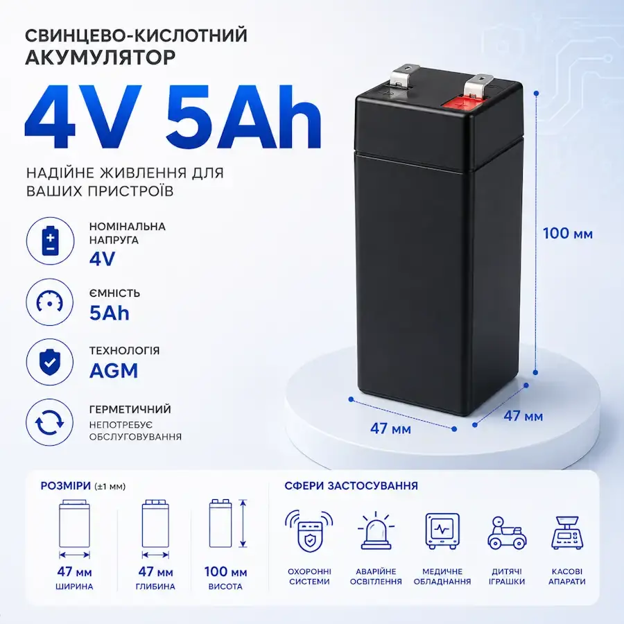 AGM свинцево-кислотний акумулятор на 4В 5 А/годин