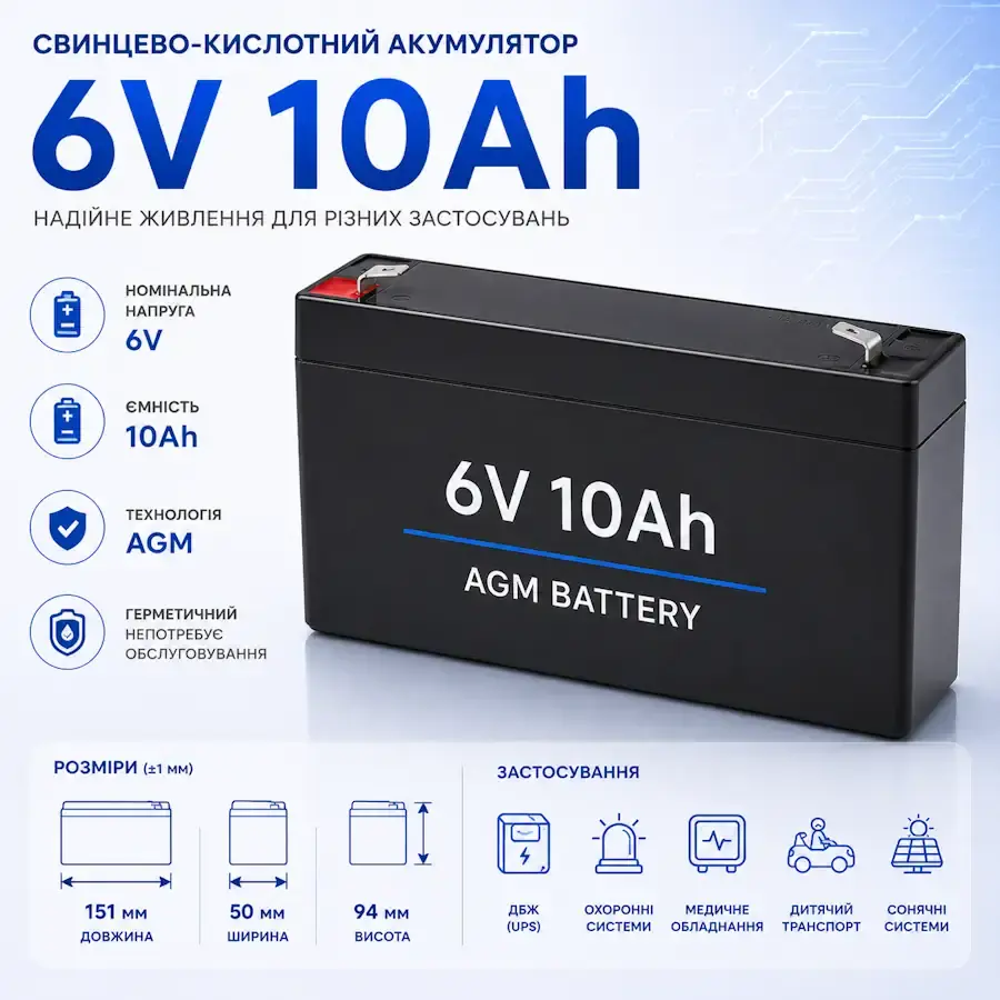 AGM свинцево-кислотний акумулятор 6В 10 А·год розміром 151×50×94 мм