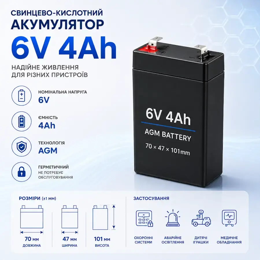 приклад AGM Свинцево кислотний Акумулятор 6В 4 Ампер годин