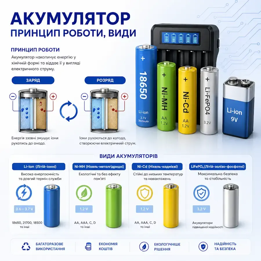 Різні типи акумуляторів: Li-ion, Li-Pol, LiFePO4, NiMH, NiCd та свинцево-кислотні
