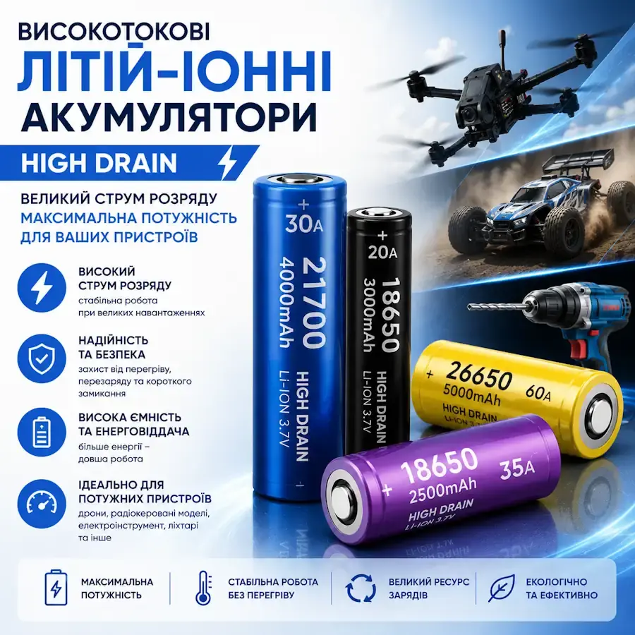 Високотокові літій-іонні акумулятори High Drain з великим струмом розряду