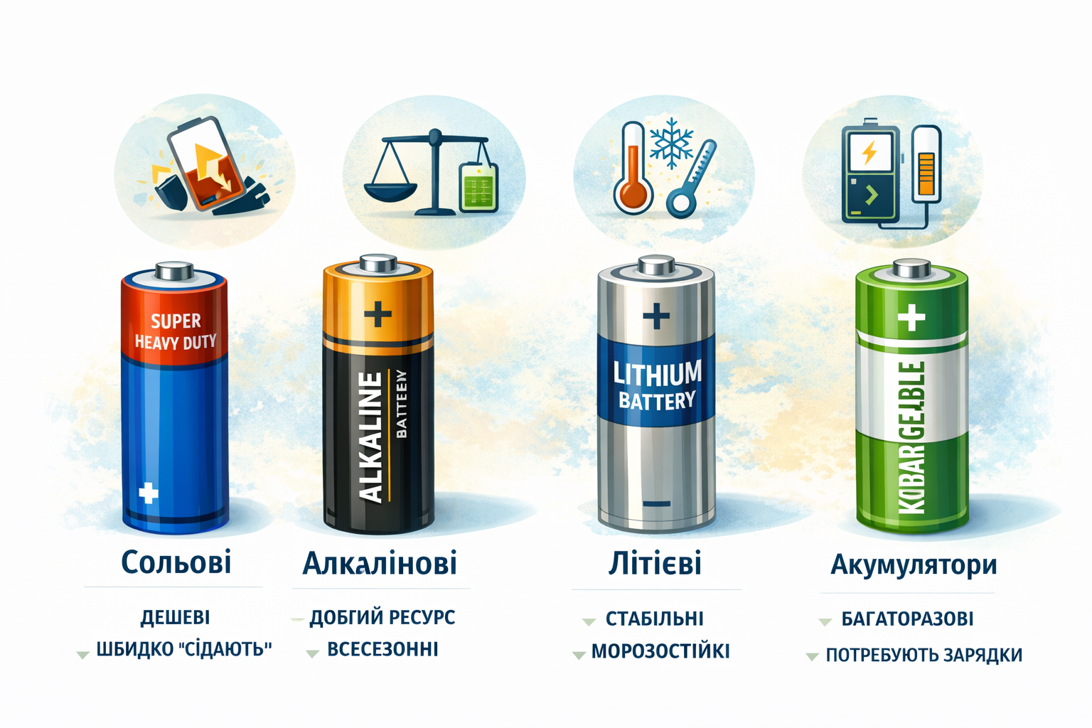 Інфографіка: порівняння типів батарейок — сольові, алкалінові, літієві та акумулятори; ключові переваги й обмеження кожного типу
