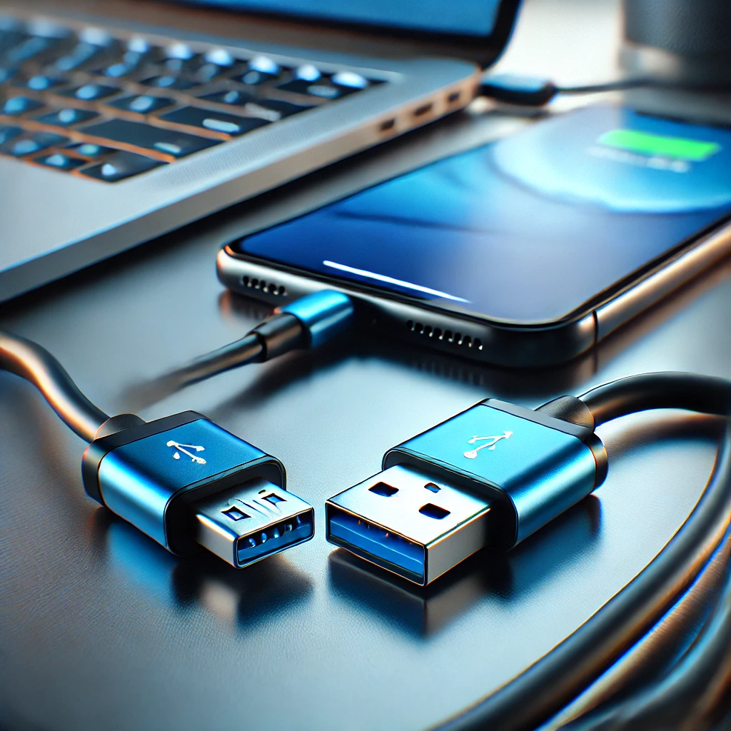 USB 3.0 кабель, підключений до смартфона та ноутбука, з синім кольоровим маркуванням, що підкреслює високу швидкість передачі даних.