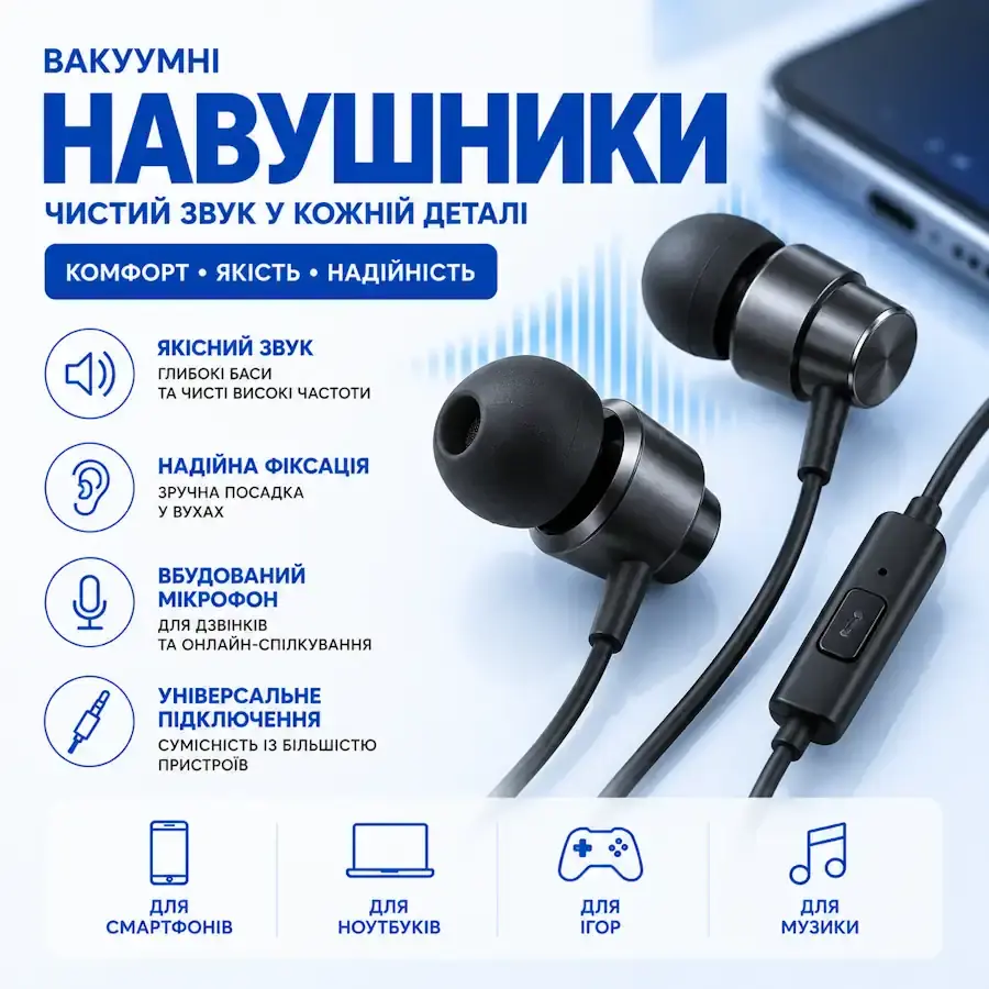 Вакуумні навушники: компактний дизайн, якісний звук і надійне прилягання.