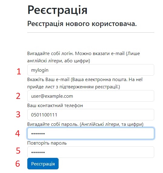 Інструкція реєстрації на батарейки.com.ua: заповнення логіна, електронної пошти, контактного номера та пароля