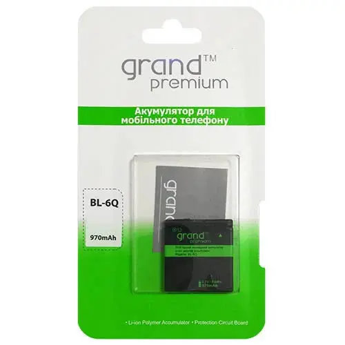 Акумулятор GRAND Premium Nokia BL-6Q (тип Li-Ion; напруга 3,7V; ємність 970 mAh; модель BL-6Q; сумісний з моделями телефонів : 	6700 Classic 6700 Classic Gold Edition 	Mobiado Classic 712 Stealth LE Mobiado Classic 712EM Mobiado Classic 712GCB ; гарантія: 1 рік)