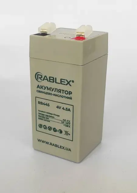 Акумулятор RABLEX RB445 4V 4.5A (свинцевий акумулятор, розміри 48*48*106 мм, напруга 4В, ємність 4,5 Ампер/годин