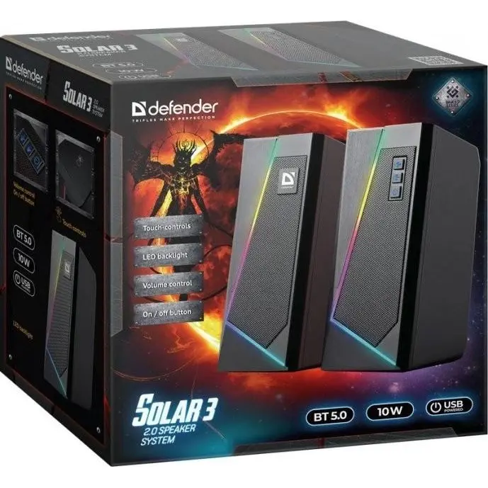 Колонки DEFENDER 2.0 Solar 3 10Вт Bluetooth підсвітка USB чорні), зображення 2 Колонки DEFENDER 2.0 Solar 3 10Вт Bluetooth підсвітка USB чорні), зображення 2