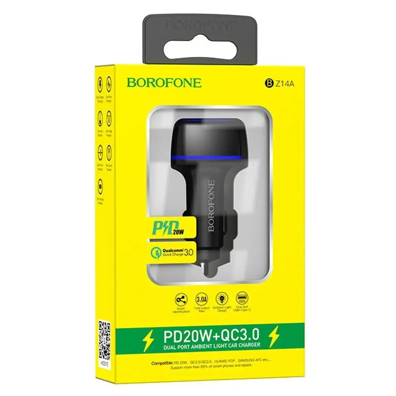 Автомобільне зарядне BOROFONE BZ14A Mercury PD20W QC3.0 USB-A USB-C 3A black), зображення 5