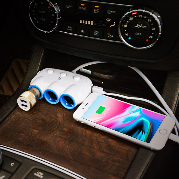 Автомобільне зарядне HOCO C1 2USB 3,1A 3 гнізда прикурювача білий), зображення 3